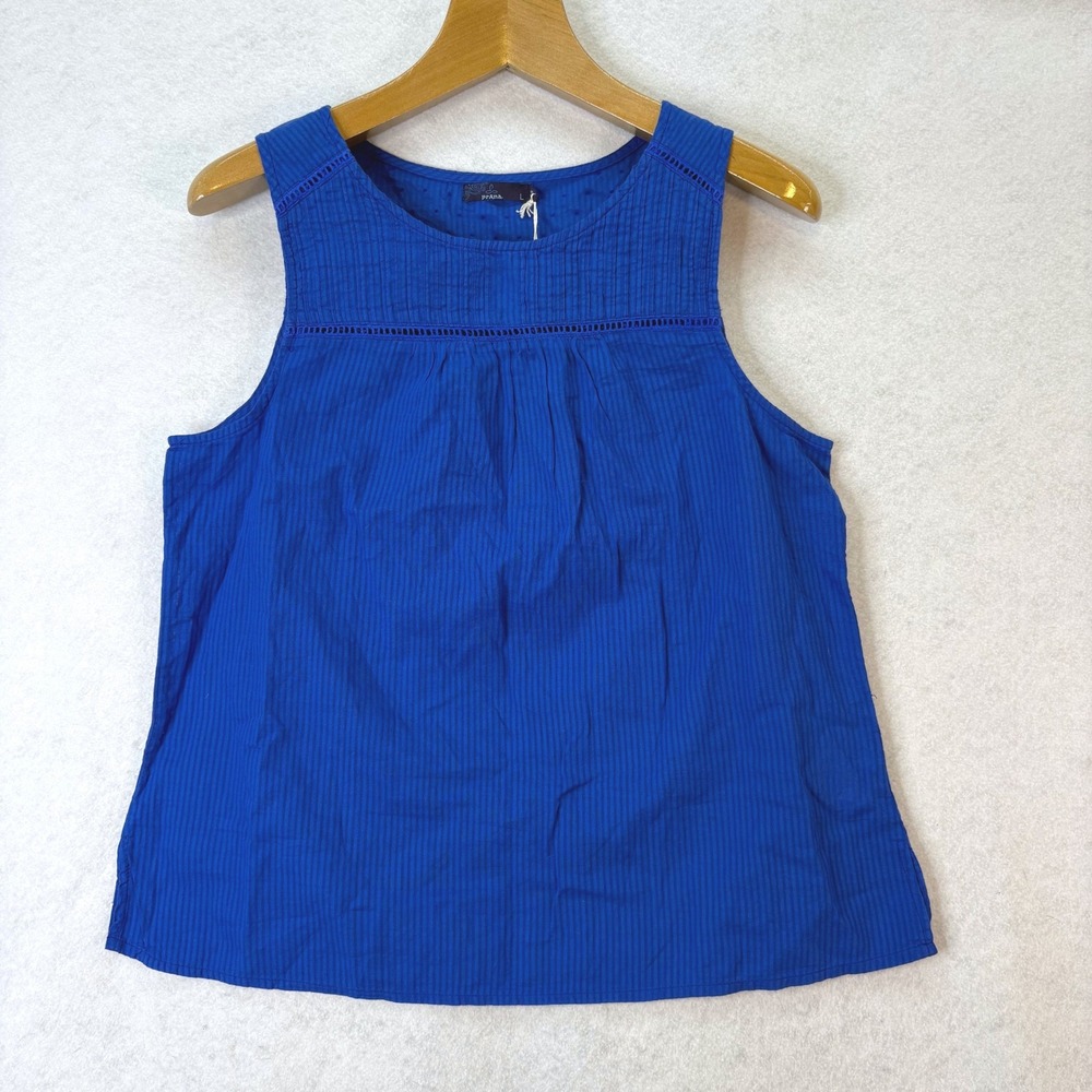 Prana Organic Cotton Crochet Trim Blue Sleeveless Top Womens L Boho Coastal
